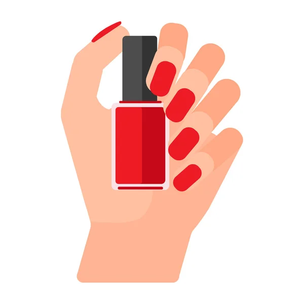 女の子は手にワニスのボトルを持っています。マニキュアを持つ女性の手。爪に赤いニスを塗ります。白い背景のベクトルイラストレーション — ストックベクタ