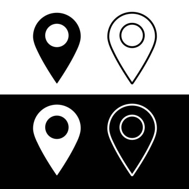 Simge konumu gps, tam ve anahat, siyah ve beyaz renk. İşaret geometrik marker düz şekil elemanı, pin, nokta, harita. Vektör çizimi