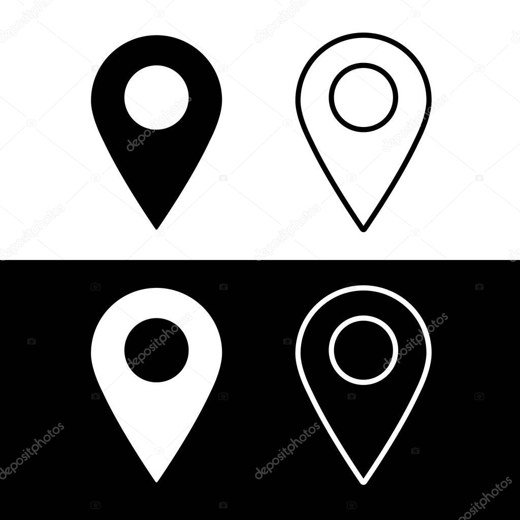 Icon location gps, full and outline, black and white color. Sign geometric marker flat shape element, pin, point, map. Vector
