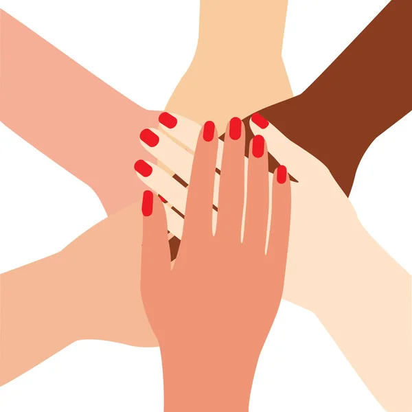 Mãos femininas internacionais dobradas no centro, símbolo de unidade, equipe, grupo. Braço da mulher com manicure e esmalte vermelho para o conceito de poder da menina. Ilustração vetorial isolada sobre fundo branco . — Vetor de Stock