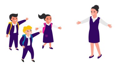 Okul çocukları okul öğretmenini sevinçle selamlıyor, mutlu öğretmene doğru koşuyor. Öğretmenler Günü. Okula geri dön. Vektör çizimi