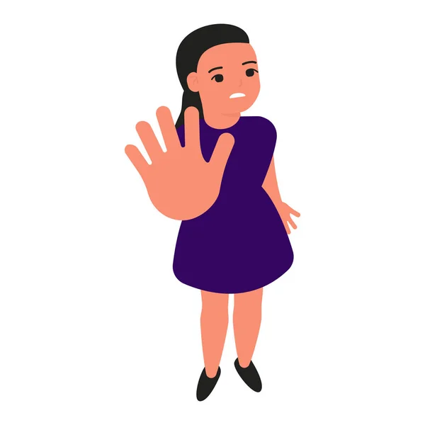 Φοβισμένο λυπημένο κορίτσι κρατά το χέρι, περιορίζοντας χειρονομία, στοπ σύμβολο. Βία, κακοποίηση παιδιών. Απεικόνιση διανυσματικών φορέων — Διανυσματικό Αρχείο