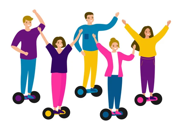Jóvenes adolescentes montando hover board, gyro board, balance board. Grupo de hombres y mujeres amigos en scooters autobalanceo eléctrico. Transporte ecológico. Ilustración vectorial — Archivo Imágenes Vectoriales
