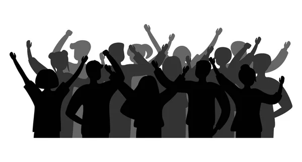 Black silhouette cheerful crowd people. Group of people men and women. Party celebrating, concert, applause people hands up. Vector Illustration