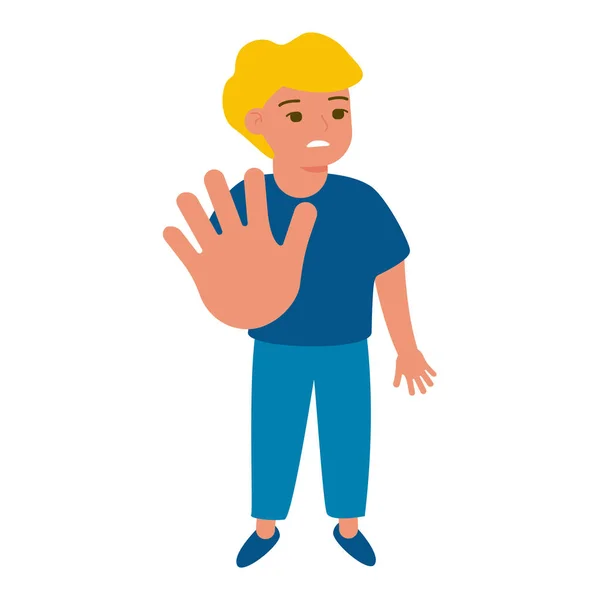 Skrämd ledsen pojke håller handen, begränsande gest, stopp symbol. Våld, övergrepp mot barn. Vektor illustration — Stock vektor