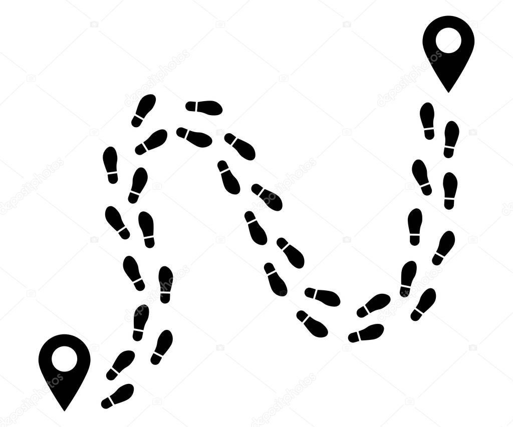 Uneven trajectory with turns of human footprints. Transition, route, distance from point to point. Vector illustration