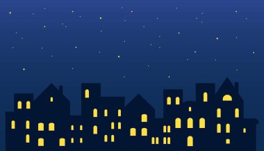Eski şehir siluetillüstrasyon. Kentsel gece manzarası. Metropolis şehir merkezi, açık kentsel mimari arka plan. Mimari bina. Vektör çizimi
