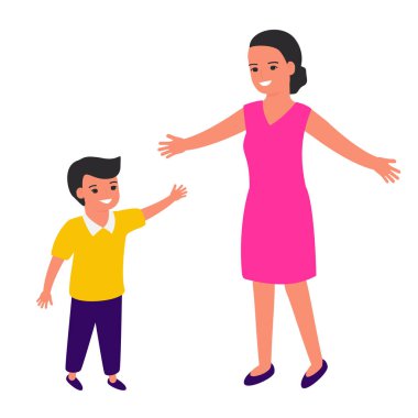 Anne ve oğlu kollarını açmış. Mutlu genç aile portresi. Annelik ve çocukluk. Sevgili anne. Vektör illüstrasyon izole