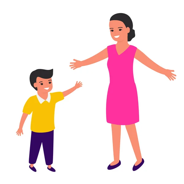 Madre e hijo con los brazos abiertos. Feliz joven retrato familiar. Maternidad e infancia. Amar a mamá. Ilustración vectorial aislada — Vector de stock