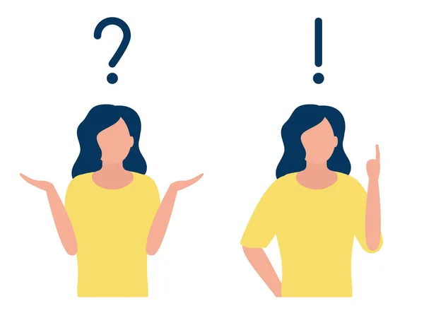 Respuesta signo de pregunta y emociones de la mujer. Pregunta, faq, ayuda. Atención al cliente. Ilustración vectorial — Archivo Imágenes Vectoriales