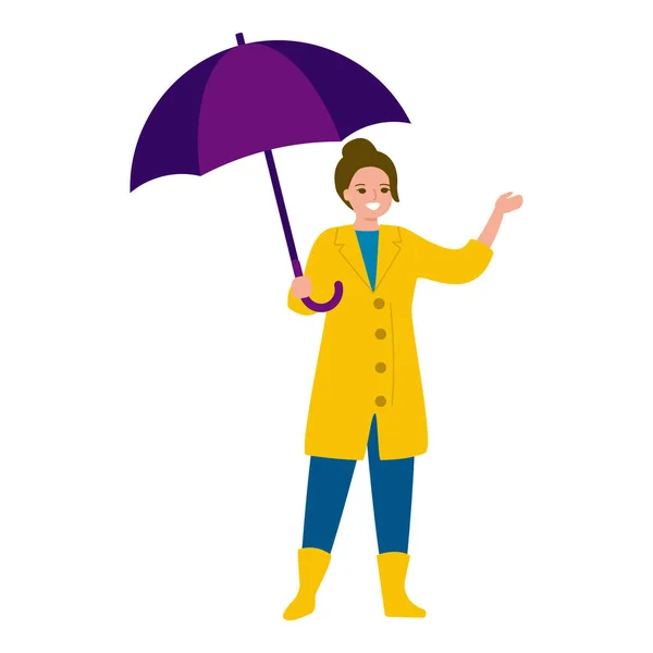 Девочка с пуповиной, мультяшный характер колоритный. Молодая женщина ходит в пальто и сапогах, защищая от дождя зонтиком. Векторная иллюстрация на белом фоне — стоковый вектор