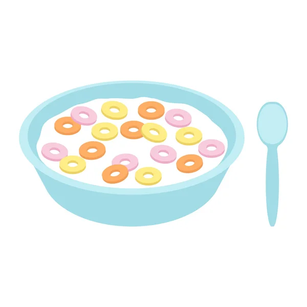 Tallrik med mjölk, yoghurt och krispiga bollar. Frukost, morgonmat. Vektor illustration på vit bakgrund — Stock vektor