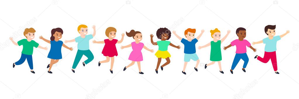 Group of cartoon happy multicultural children girl and boy joyfully run. Cute diverse kids. Vector illustration