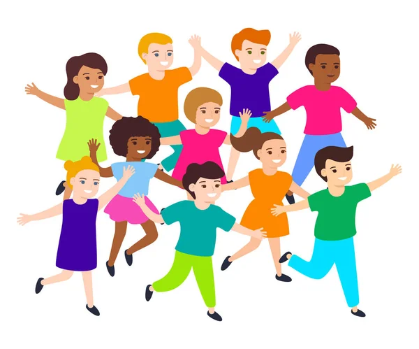 Grupo de dibujos animados feliz multicultural niños niña y niño corren alegremente. Lindos niños diversos. Ilustración vectorial — Archivo Imágenes Vectoriales
