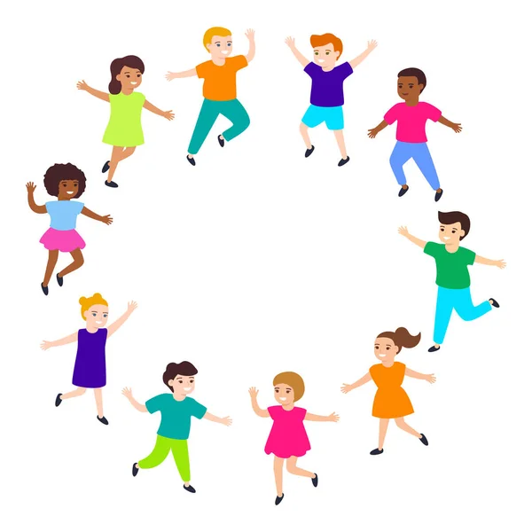 Grupo de dibujos animados felices niños multiculturales en círculo, niña y niño jugando. Lindos niños diversos. Ilustración vectorial — Archivo Imágenes Vectoriales