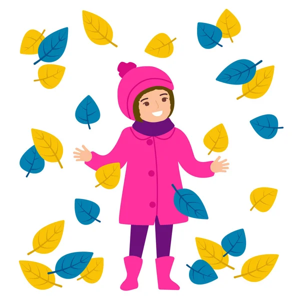 Paseo de otoño para niños. La chica lanza hojas. El juego, los juegos, los paseos. Feliz infancia. Parque, al aire libre. Ilustración vectorial — Vector de stock