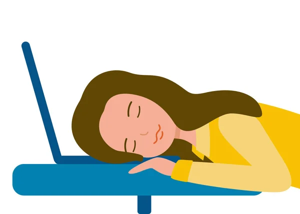 Девушка спит на рабочем месте за ноутбуком. Усталость, стресс, сонливость, скука. Спящая женщина. Векторная иллюстрация — стоковый вектор
