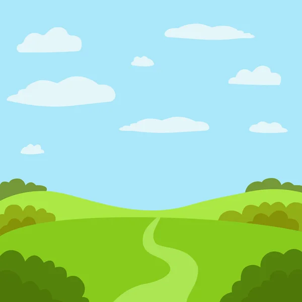 Naturaleza de verano, paisaje. Campo, colinas verdes, cielo azul con nubes, prado. Ilustración vectorial — Vector de stock