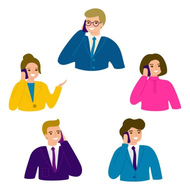 İnsanlar telefonla konuşuyor. İş adamları, kadın ve erkek ofis çalışanları. Erkek ve dişi telefonla arıyor. Akıllı telefonla iletişim ve sohbet, telefon görüşmesi, sosyal konuşma, konuşma. Vektör