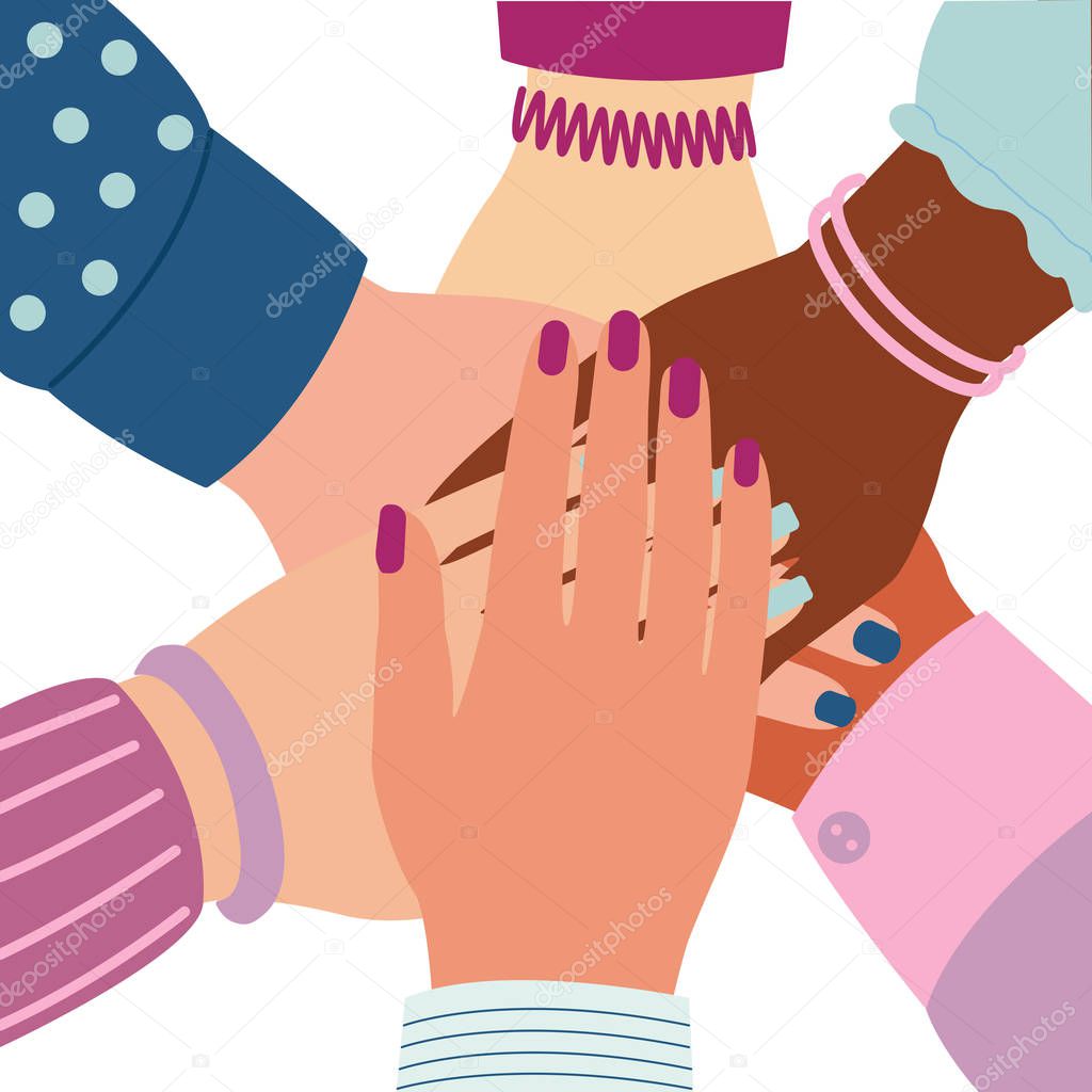 Female hands folded in center. Unity symbol, team, group, cooperation, togetherness, partnership, agreement, teamwork, social community. Woman arm. Vector illustration isolated