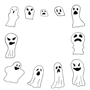 Bir grup korkunç hayalet, sınır çizgisi. Cadılar bayramın kutlu olsun. Korkunç kostüm. Vektör illüstrasyonu