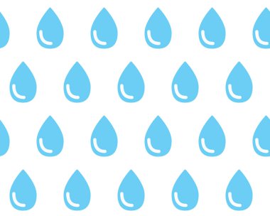 Beyaz zemin üzerinde mavi özdeş su damlaları, kusursuz desen. Yağmurun sembolü olarak damlalar. Şiddetli yağmur. Vektör arkaplanı