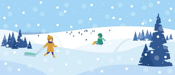 Hermoso paisaje nevado. Escena de invierno con niños jugando. Diversión invernal, trineo, paseo. Ilustración vectorial — Archivo Imágenes Vectoriales