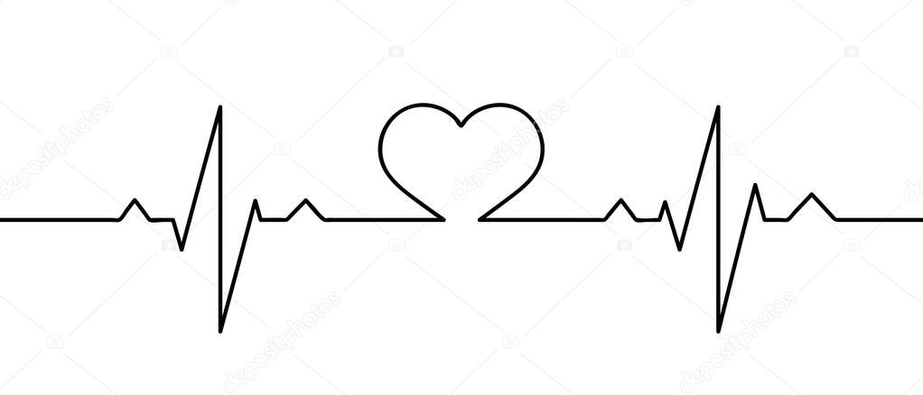 Human heart and rhythm silhouette, single continuous black line. Healthy, medicine. Sketch, outline drawing. Vector illustration