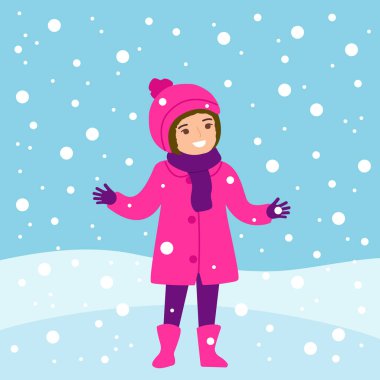 Kız ve uçan kar taneleri. Kış çocuk oyunları. Noel tatili. Vektör düz resimleme.