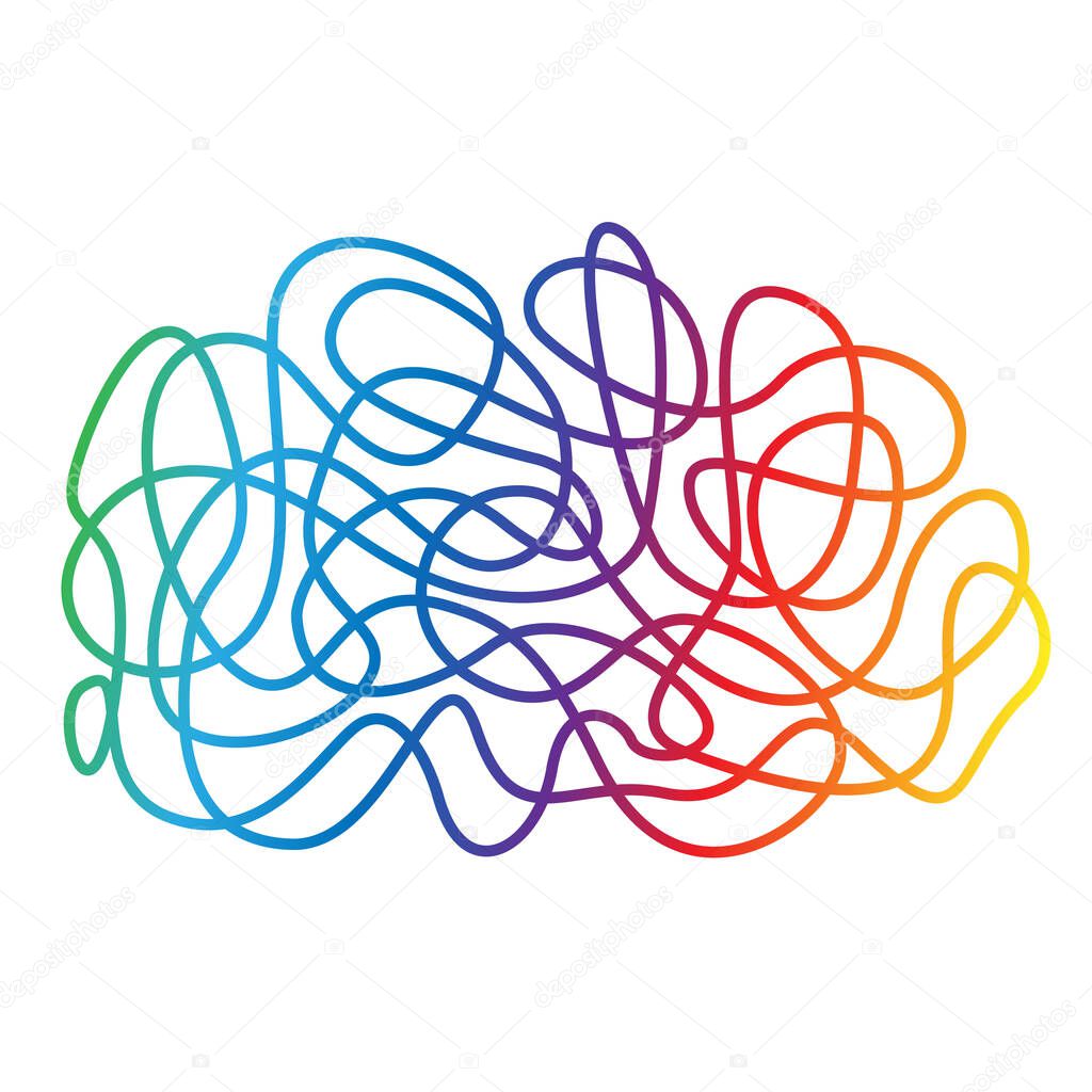 Hand drawn tangle scrawl sketch, multycolor gradient line abstract scribble shape. Chaotic doodle drawing, thread clew knot. Vector illustration isolated on white background