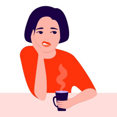 Üzgün, depresif genç kadın portresi. Olumsuz duyguları tecrübe etmek, şüphecilik, ilgisizlik, acı çekmek, mutsuz bir hayat. Düz çizgi film vektör çizimi