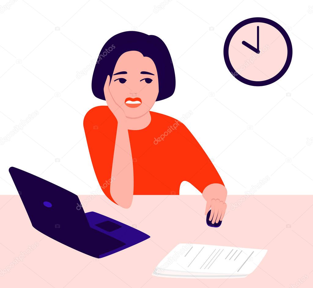 Sad, depressed young woman portrait at work in office. Experiencing negative emotions, skepticism, apathy, suffering, unhappy life, professional burnout. Flat cartoon vector illustration