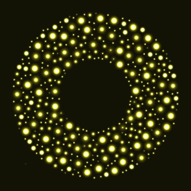 Siyah zemin üzerinde altın parıltılı parçacıklar olan bir çember. Yuvarlak çerçeve. Vektör illüstrasyonu.