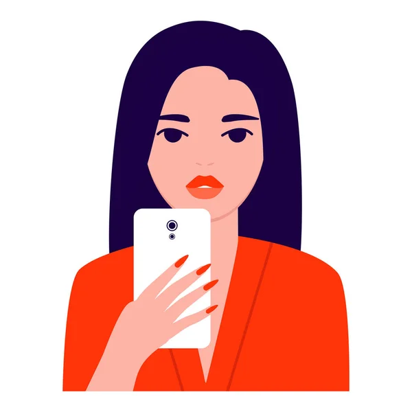 Mulher bonita brilhante com telefone celular, vista frontal. Fotografar, ler, conversar. Smartphone e vício em internet. Ilustração plana vetorial sobre fundo branco —  Vetores de Stock