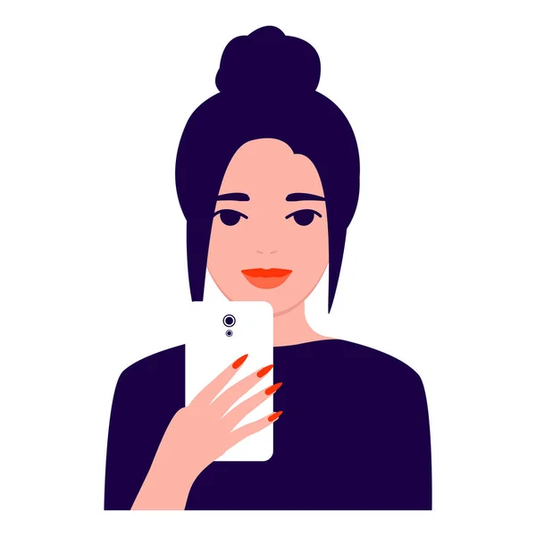 Beautiful young woman with mobile phone, front view. Girl makes selfie. Photographing, reading, chatting. Smartphone and internet addiction. Vector flat illustration on white background — Stock vektor