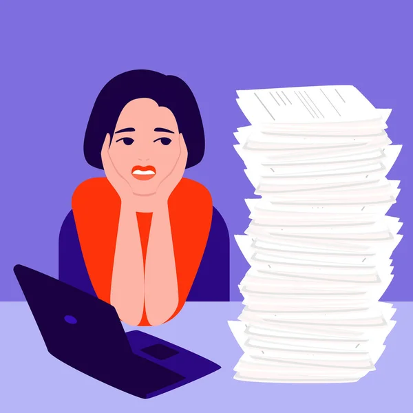 Droevig, depressief portret van een jonge vrouw aan het werk. Negatieve emoties, scepsis, apathie, lijden, ongelukkig leven, professionele burn-out. Platte cartoon vector illustratie — Stockvector