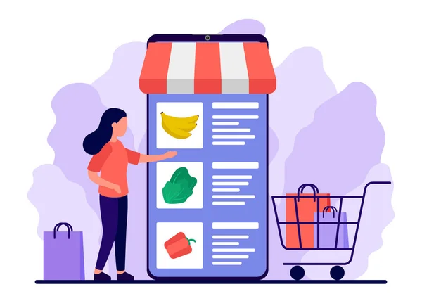 Detaljhandel Mat Handla Online Smartphone App För Shopping Varor Kvinna — Stock vektor