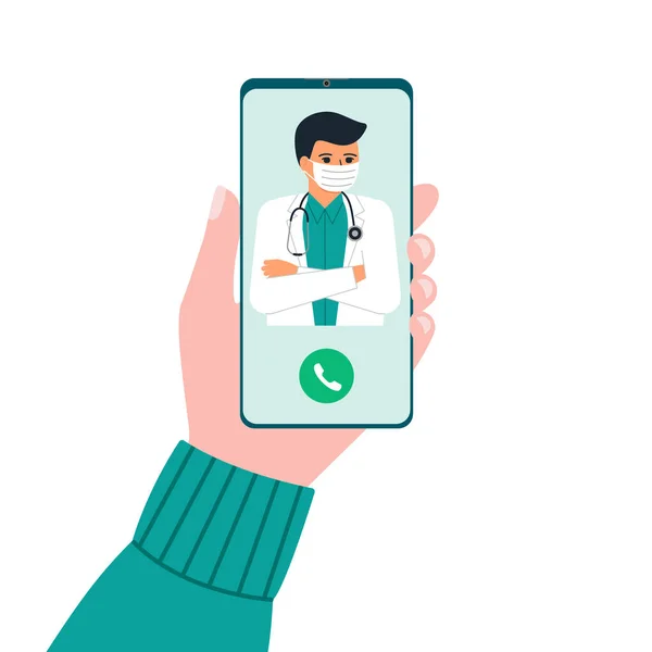 Tangan Memegang Telepon Dengan Dokter Pria Panggilan Dan Konsultasi Online - Stok Vektor