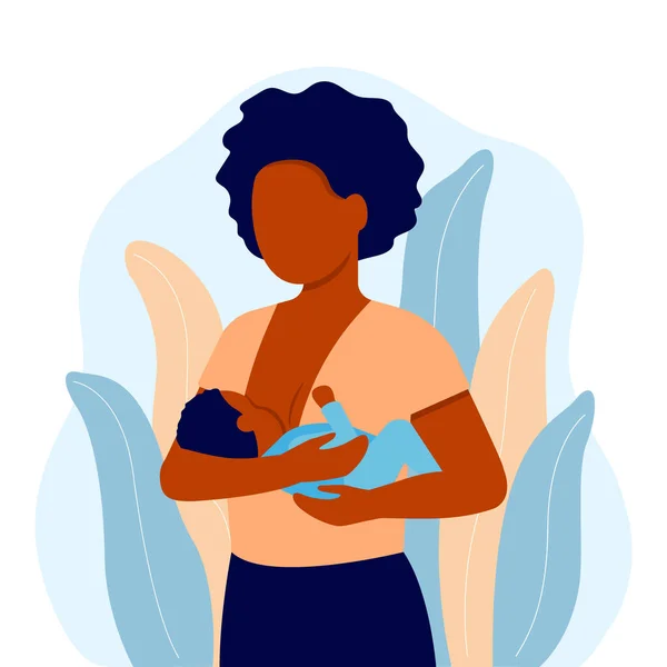 Emziren, siyah bir anne yeni doğmuş bebeği elleriyle besliyor. Çocuk dişi göğsünden süt içiyor. Emzirme günü, mutlu anneler günü. Emzirme. Vektör