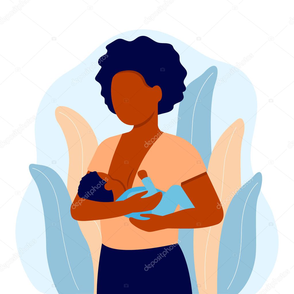 Breastfeeding, black mother feeding newborn baby with breast in hands. Child boy drinks milk from the female breast. Breast feeding, happy mother day. Lactation. Vector