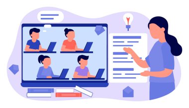 Mesafeyi öğren. Öğrenci çocuk ve kız dizüstü bilgisayarda oturup ders çalışıyorlar. Çocuk uzaktan öğreniyor. Ev okulu, internet e-öğrenimi, online eğitim, bilgi konsepti. Vektör düz biçimi