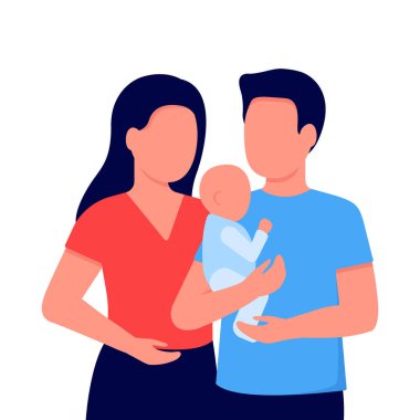 Soyut anne, baba ve küçük oğul. Baba çocuğu kollarında tutuyor. Aile iletişimi. Beyaz arkaplanda vektör illüstrasyonu