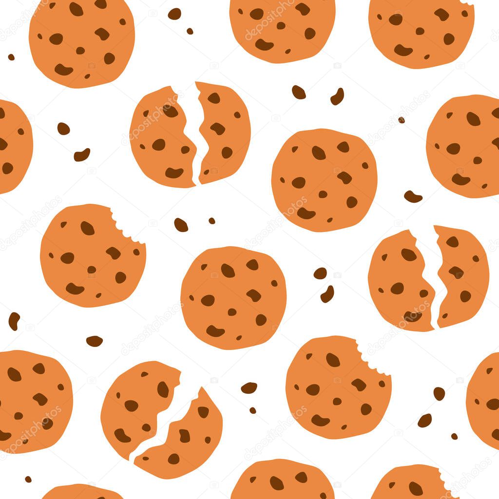 Cookie whole, bitten, broken seamless background. Delicious homemade breakfast. Sweet traditional bake pattern. Pastry bakery. Vector illustration on white background