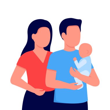 Soyut anne, baba ve küçük oğul. Baba çocuğu kollarında tutuyor. Aile iletişimi. Beyaz arkaplanda vektör illüstrasyonu