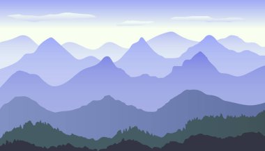 Sis ve ormanlı güzel mavi eğimli dağ manzarası. Dağlarda gün doğumu ve gün batımı. Dağlarda gün batımı. Vektör illüstrasyonu