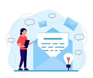 Kadın mektupları, mektupları, haberleri okuyor. Gelen ve giden mektup, mesaj. E- posta, bildirim, ileti, SMS spam Sosyal Ağ Sohbet Vektörü illüstrasyonu