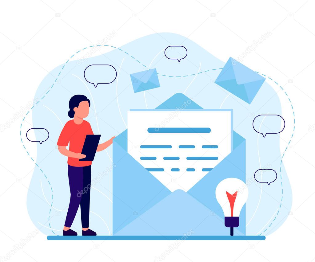 Woman reads mail, letter, news. Incoming and outgoing letter, message. Email, notification, message, sms spam Social network chat Vector illustration