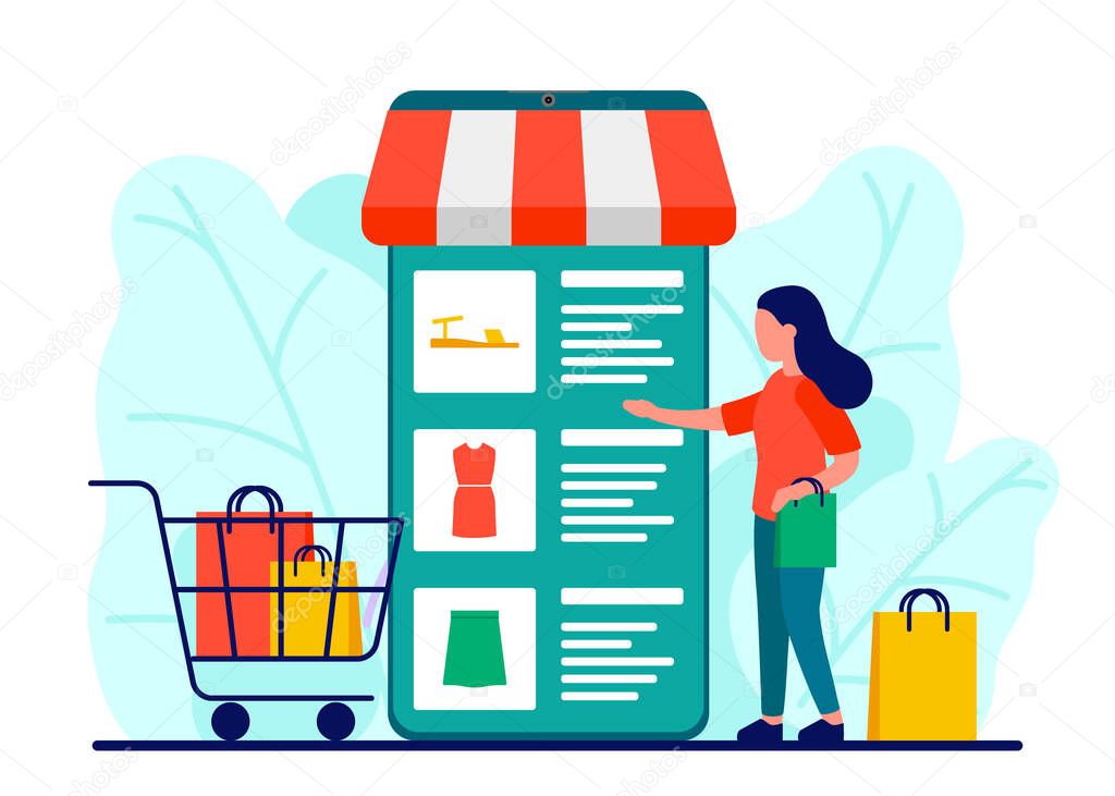 Retail, shop to online. Smartphone app for shopping goods. Woman makes purchases via phone online, choosing product. Shopping cart with clothes and shoes. E-commerce on smartphone. Vector