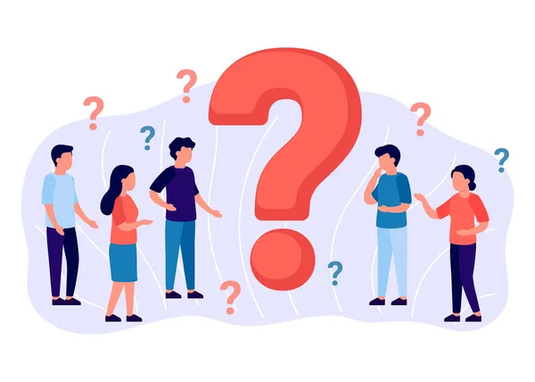 Sıkça sorulan sorular, soru işaretleri etrafında grup insanlar. Soyut erkek ve kadının yardıma ihtiyacı var. Faq konsepti. Vektör