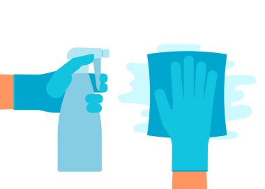 Bottle of antiseptic antibacterial spray and napkin in hand with gloves. Wipe with cloth. Spraying of aerosol, leaning surface rag. Antibacterial disinfection, hygiene, detergent. Vector illustration clipart